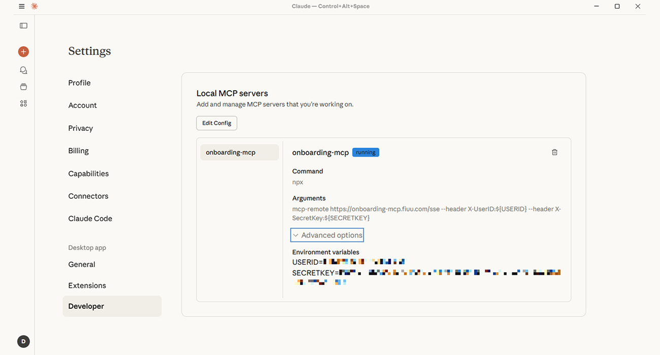 One-time setup with a unique UserID and SecretKey via Claude AI.