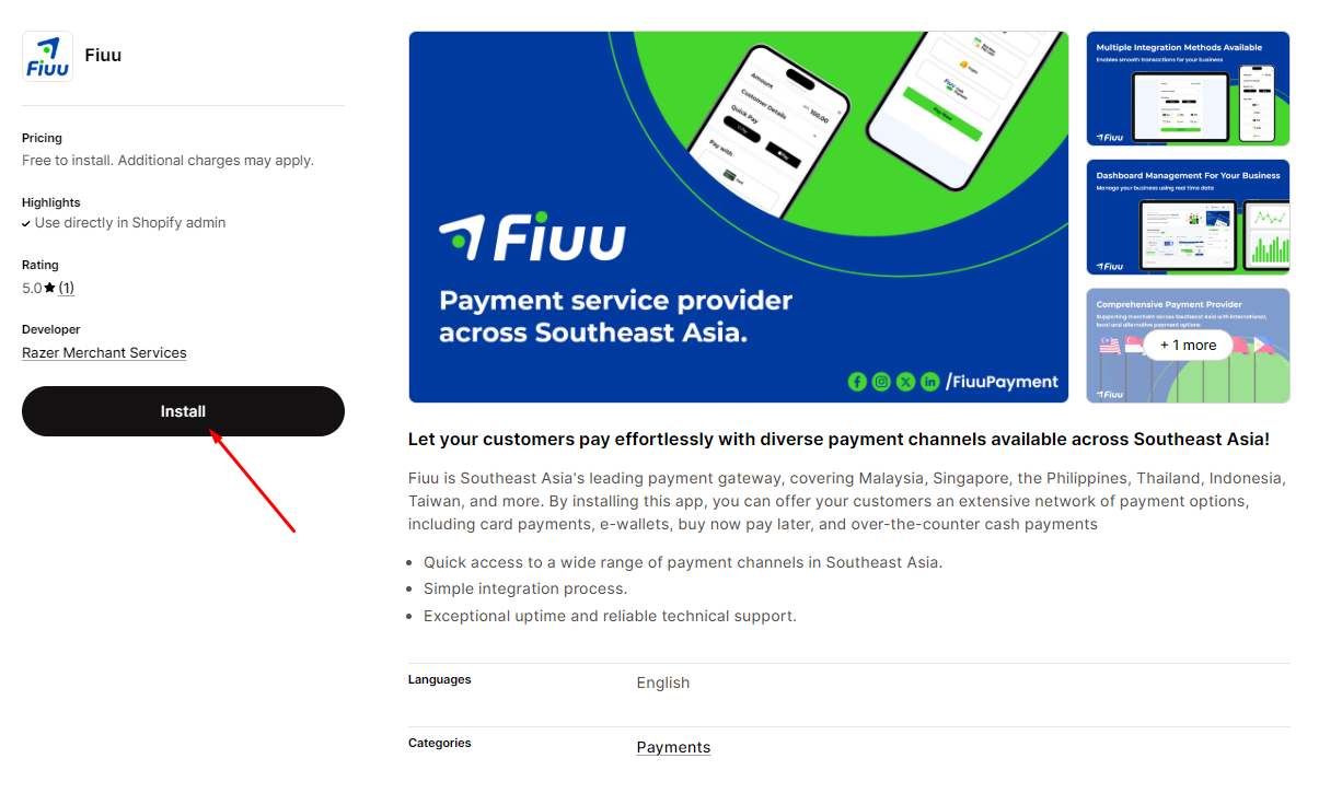 Steps 1 to Install Fiuu Card Payment Plugin in Your Shopify Store